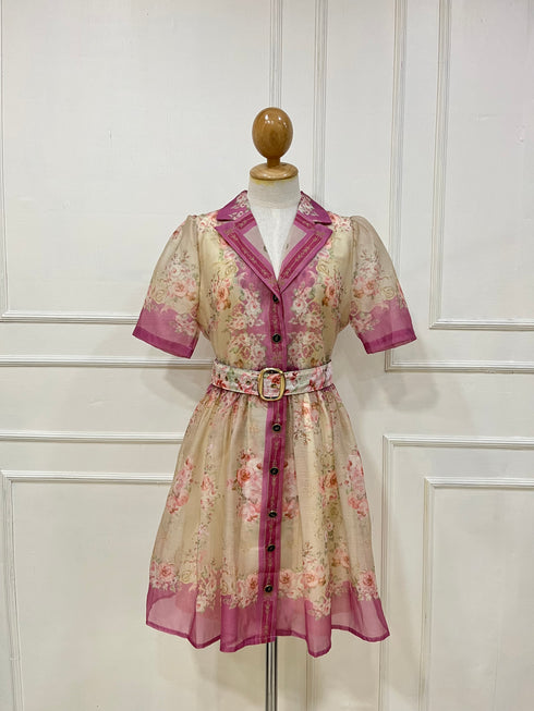 High Quality Floral Print Belted Short Sleeves Mini Dress